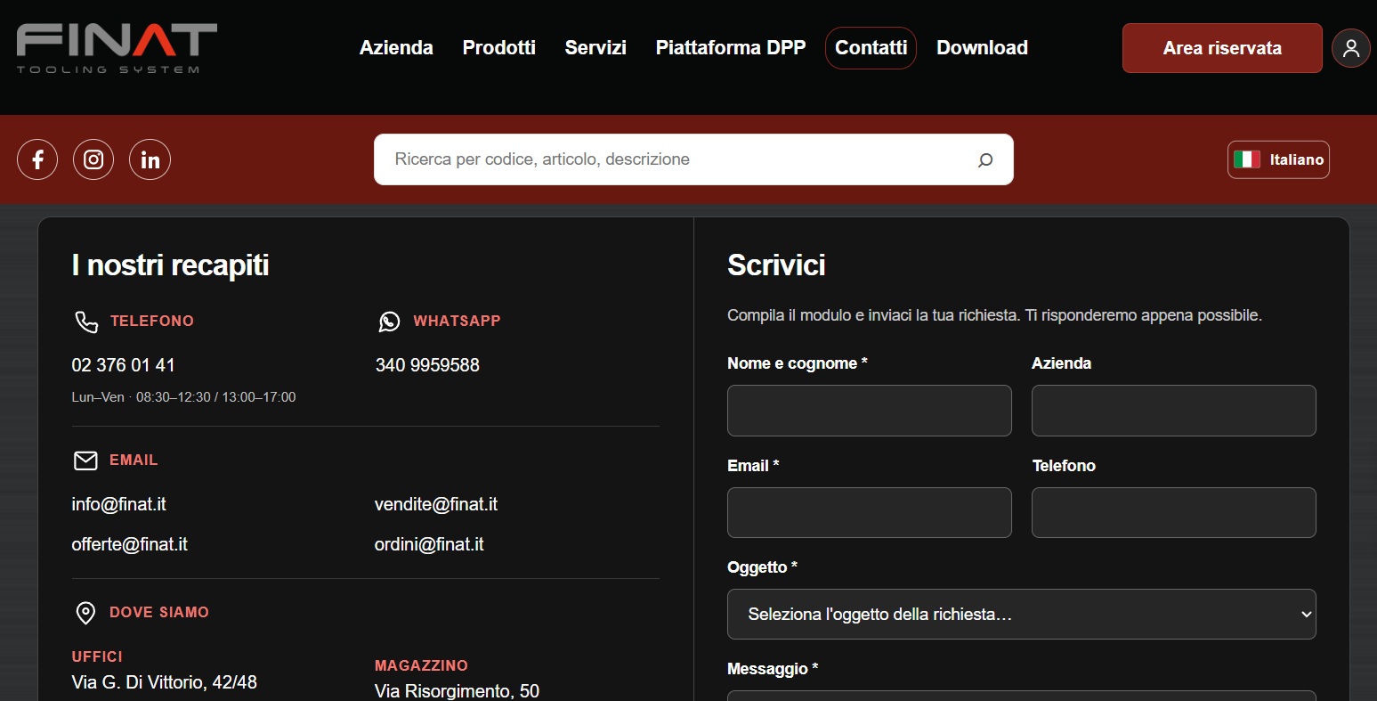 Schermata della pagina Contatti